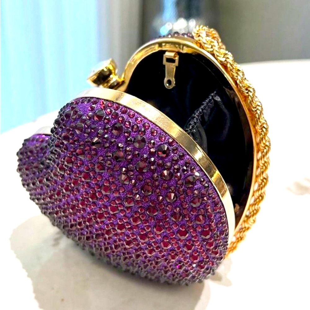 Purple Heart Shaped Rhinestone Inlaid, Metal Chain Strap Handbag / Clutch - Picture 4 of 15
